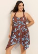 Brown Blue Tropical Leaf Modest Drawstring Asymmetrical Hem Plus Size Swimsuit One Piece Swimdress