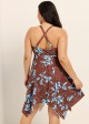 Brown Blue Tropical Leaf Modest Drawstring Asymmetrical Hem Plus Size Swimsuit One Piece Swimdress
