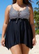 Black And White Striped Tie-Front Drawstring Asymmetrical Hem Swimdress Top