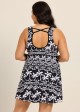 Black White Tropical Print Sleeveless Modest Padded Cross Back Plus Size Swimsuit Swimdress Set
