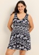 Black White Tropical Print Sleeveless Modest Padded Cross Back Plus Size Swimsuit Swimdress Set