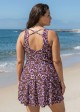 Purple Floral Scoop Neck Modest Cross Back Curvy Women's Swimsuit Swimdress Set