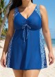 Plus Size Blue Geometric Modest Padded Drawstring Women's Swimsuit Two Piece Swimdress Set