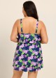 Purple Floral Layered Ruffle Trim Adjustable Strap Elegant Plus Size Swimsuit One Piece Swimdress