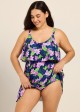 Purple Floral Layered Ruffle Trim Adjustable Strap Elegant Plus Size Swimsuit One Piece Swimdress