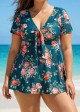 Plus Size Green Floral Short Sleeve Ladies Bathing Suits Swimdress Set