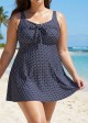 Women's Black Polka Dot Tie Front Modest One Piece Swimdress