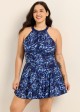 Curvy Navy Floral High Neck Flattering Ruched Women's Swimsuit Swimdress Set