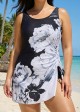 Curvy Black And White Floral Square Neck Modest Drawstring Swimsuit One Piece Swimdress