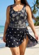 Plus Size Black Palm Tree Print Square Neck Vintage Side Knot Swimsuit One Piece Swimdress