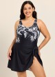 Plus Size Black Tropical Floral Print Square Neck Vintage Side Knot Swimsuit One Piece Swimdress