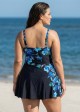 Blue Floral Square Neck Sleeveless Vintage Side Knot Curvy Swimsuit One Piece Swimdress