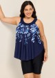 Navy Blue Floral Print Scoop Neck Vintage Curvy Women's Swimsuit Tankini Top