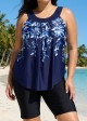 Navy Blue Floral Print Scoop Neck Vintage Curvy Women's Swimsuit Tankini Top