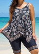 Black Vintage Floral Print Modest Asymmetrical Hem Curvy Swimsuit Two Piece Long Tankini Set