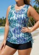 Drawstring Plants Print Fashionable Crochet Fresh Blue Tankini Top