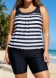 Plus Size Black And White Striped Print Sports Tankini Top