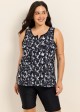 Plus Size Black White Leaf Pattern V Neck Sleeveless Modest Swimsuit Tankini Top