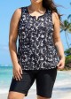 Plus Size Black White Leaf Pattern V Neck Sleeveless Modest Swimsuit Tankini Top