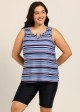 Navy Stripe V Neck Sleeveless Modest Padded Plus Size Women's Swimsuit Tankini Top