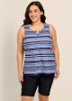 Navy Stripe V Neck Sleeveless Modest Padded Plus Size Women's Swimsuit Tankini Top