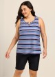 Navy Stripe V Neck Sleeveless Modest Padded Plus Size Women's Swimsuit Tankini Top