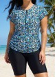 Curvy Blue Floral High Neck Upf50+ Short Sleeves Zipper Drawstring Swim Shirt Tankini Top