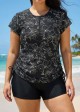 Black Floral Upf50+ Short Sleeves Zipper Drawstring Curvy Swimsuit Rash Guards Tankini Top