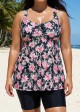 Black Floral Print Square Neck Flowy Modest Plus Size Tankini Swimsuit Top