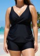 Drawstring Stylish Black Twisted Front Women Tankini Set