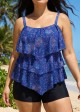 Navy Blue Floral Print Flattering Layered Ruffles Plus Size Women's Swimsuit Tankini Top