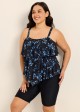 Black Floral Print Modest Layered Ruffles Plus Size Women's Swimsuit Tankini Top