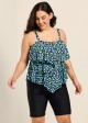 Blue Green Floral Vintage Layered Ruffles Curvy Women's Swimsuit Tankini Top