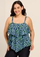 Blue Green Floral Vintage Layered Ruffles Curvy Women's Swimsuit Tankini Top