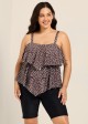 Plus Size Brown White Polka Dot Flattering Layered Ruffles Plus Size Women's Swimsuit Tankini Top