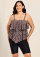 Plus Size Brown White Polka Dot Flattering Layered Ruffles Plus Size Women's Swimsuit Tankini Top