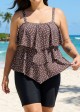 Plus Size Brown White Polka Dot Flattering Layered Ruffles Plus Size Women's Swimsuit Tankini Top