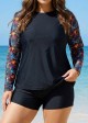 Black Leaf Print Long Sleeve Plus Size Swimsuit Swimwear Tankini Top