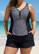 Black Striped Zip-Up Sporty With Pocket Rash Guard Tankini Set