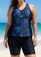 Plus Size Blue Floral Zipper And Color Block Swimsuits Tankini Top