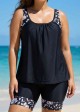 Plus Size Black Floral Print Round Neck Modest Tankini Set
