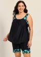 Curvy Black Plant Scoop Neck Flattering Padded Women's Swimsuit Two Piece Tankini Set