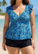 Blue Floral Print V Neck Ruffle Sleeve Plus Size Tankini Top