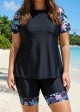 Black Floral Pullover Short Sleeve Fashion Casual Tankini Set