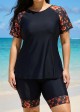 Red Tropical Floral Upf50+ Short Sleeves Plus Size Swimsuit Shirt Two Piece Tankini Set