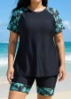 Black Plant High Neck Upf50+ Short Sleeves Curvy Women's Swimsuit Shirt Two Piece Tankini Set
