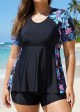 Black Floral Raglan Short Sleeve Waist Shaping Tankini Top