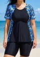 Curvy Blue Tropical Plants Upf50+ Short Sleeves Vintage Women's Swimsuit Shirt Tankini Top