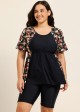 Black Floral Print Upf50+ Short Sleeves Vintage Plus Size Swimsuit Tankini Top
