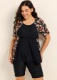Black Floral Print Upf50+ Short Sleeves Vintage Plus Size Swimsuit Tankini Top